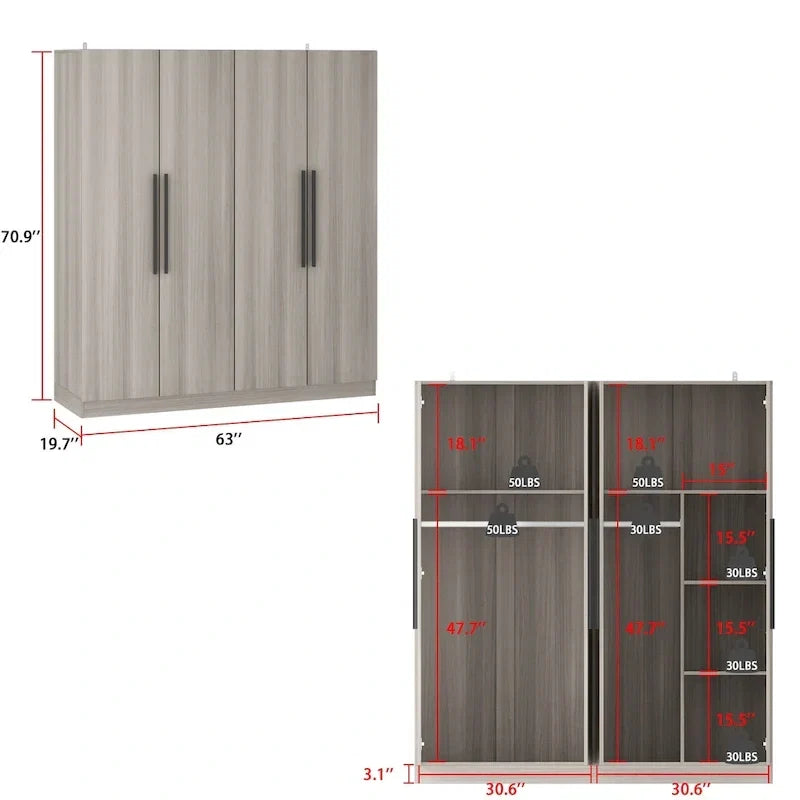 Armadio moderno freestanding in legno massiccio con ripiani