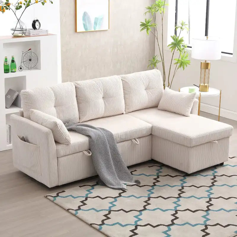 Divano Sezionale a L con Chaise Reversibile, Rivestimento in Velluto a Coste/Ciniglia, con Bracciolo Portaoggetti e Tasca Laterale
