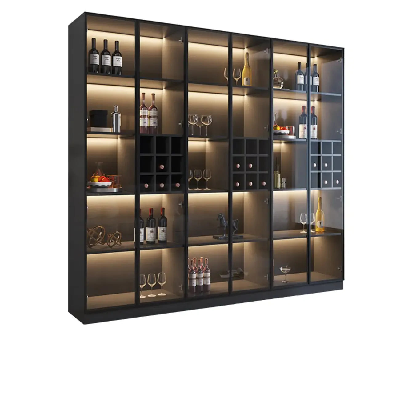 Mobile portabottiglie minimalista in legno nero con anta in vetro