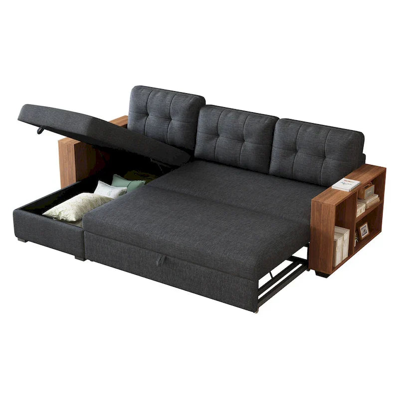 Divano Sezionale Convertibile con Letto Estraibile e Chaise Longue Contenitore Nascosto