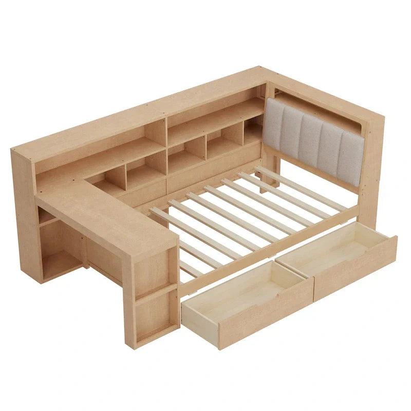 Divano Letto a "L" in Legno con Scrivania, Mobile Libreria, Letto Angolare con Cassetti Sottostanti, Testiera Imbottita con Luce Integrata
