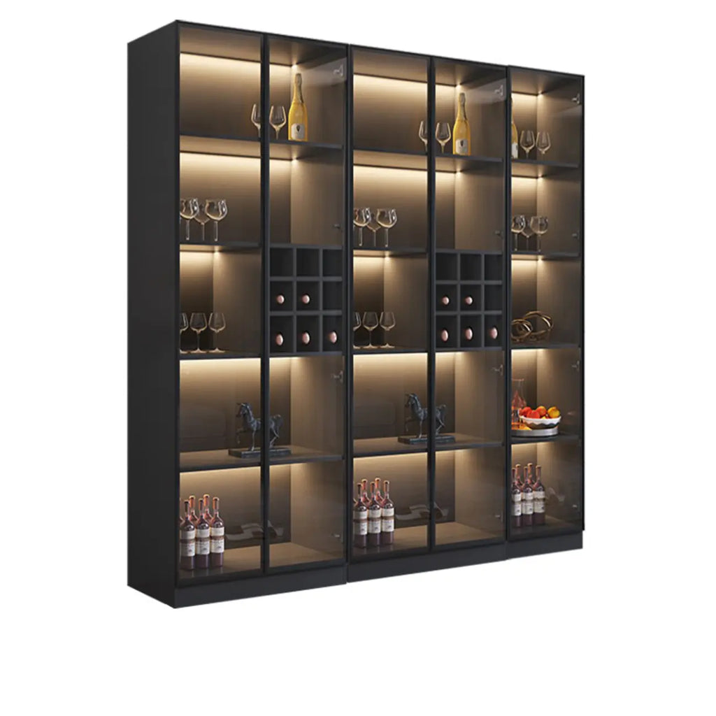 Mobile portabottiglie minimalista in legno nero con anta in vetro