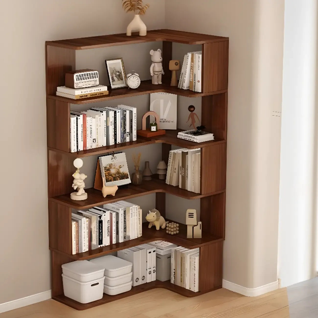 Libreria ad angolo in legno multistrato con 6 ripiani