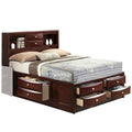 Letto a pannelli queen size con libreria e cassetti, marrone