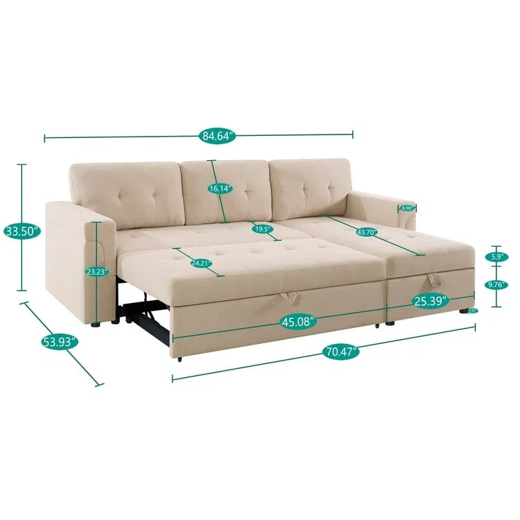 Divano sezionale reversibile con letto estraibile, chaise longue con contenitore nascosto, gambe durevoli,