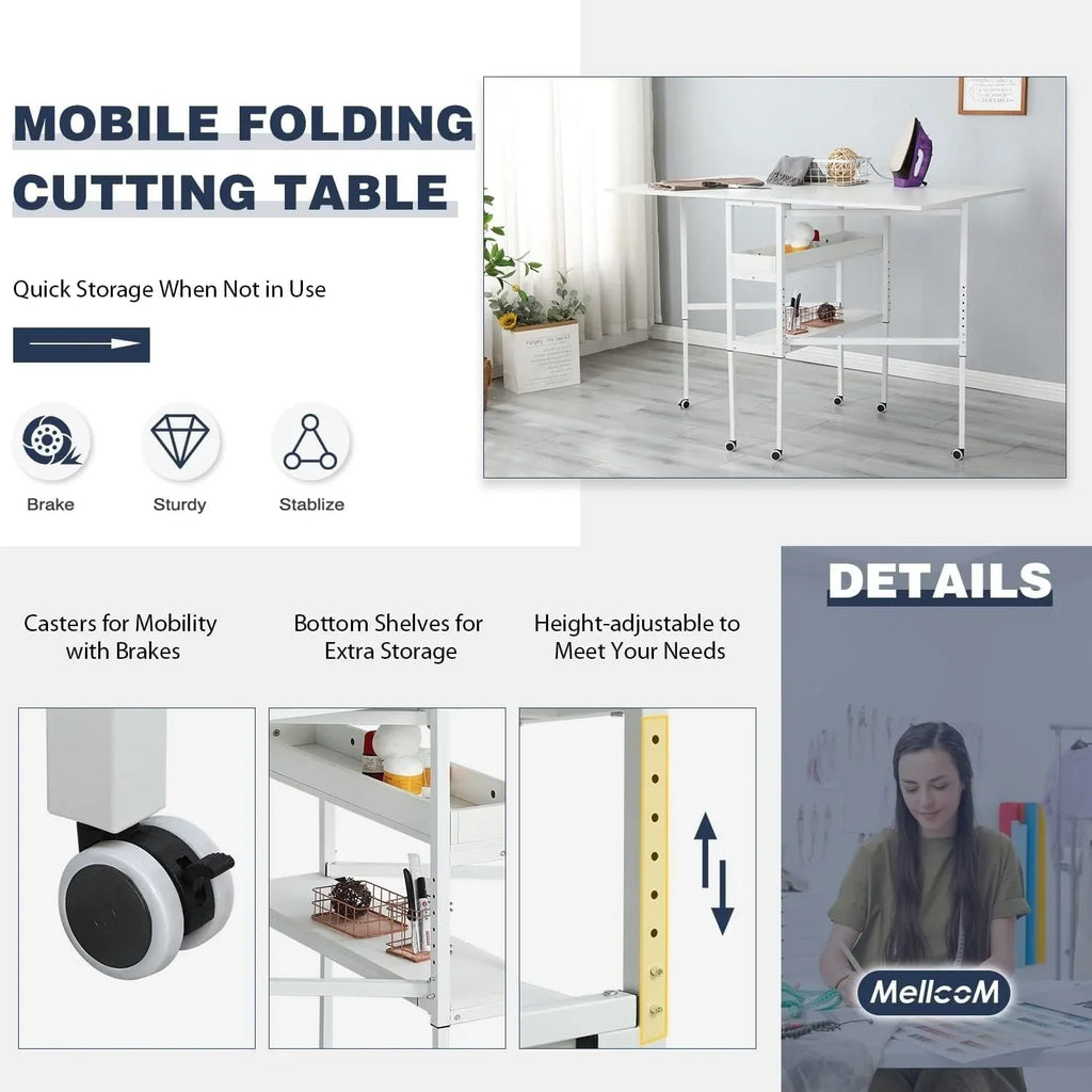 Tavolo Artigianale Regolabile in Altezza con Ripiani Portaoggetti, Tavolo da Taglio Pieghevole Mobile per Ufficio Domestico, Sala da Cucito, Stanza per Hobby