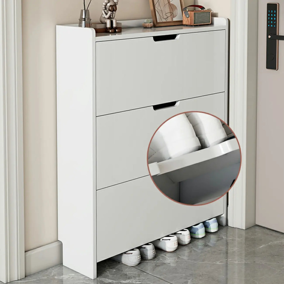 Meuble à chaussures 3 niveaux en bois blanc avec portes abattantes