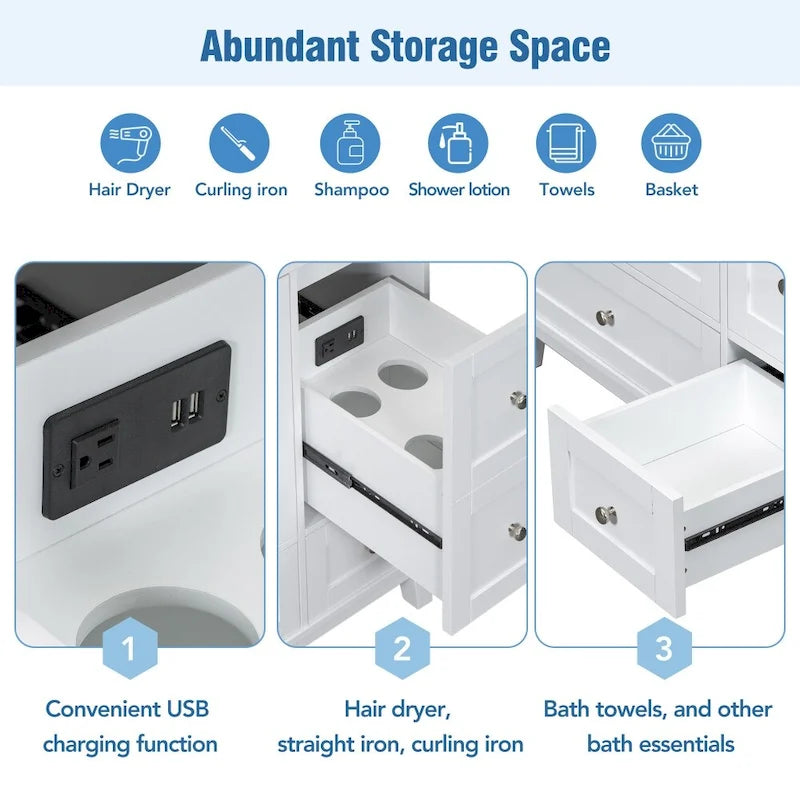 Mobile bagno da 36 pollici con ricarica USB, lavabo in resina, telaio in legno massello, 3 cassetti contenitori