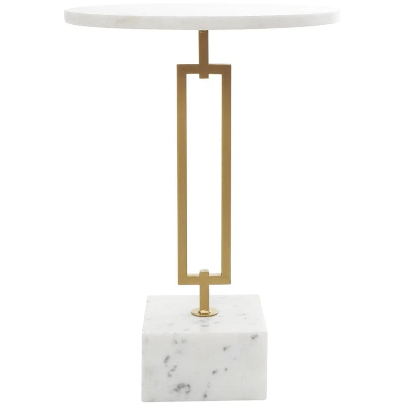 Tavolino d'appoggio/laterale geometrico in marmo con base rettangolare in metallo dorato - Bianco