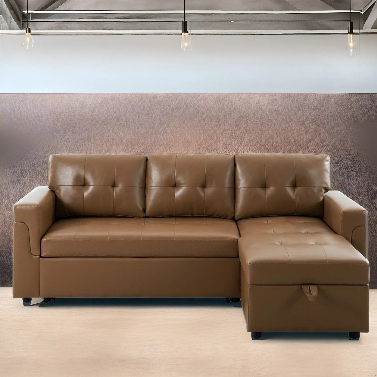 Divano componibile convertibile reversibile con letto estraibile, chaise longue con contenitore nascosto e gambe durevoli