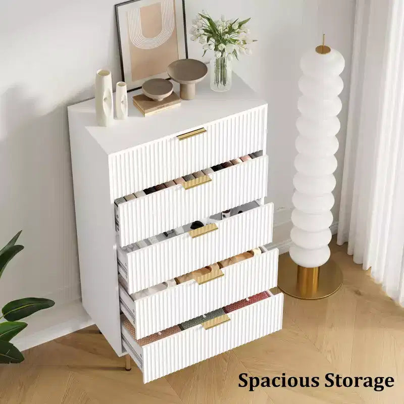 Commode 5 tiroirs Blanc / Marbre et Bois – Panneau cannelé, pour 1 personne