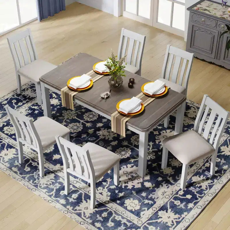 Set tavolo da pranzo allungabile da cascina per 6, tavolo rettangolare e 6 sedie imbottite