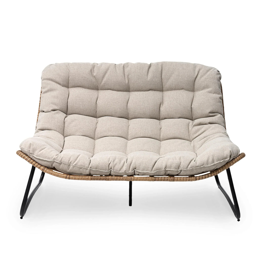 Divanetto due posti Double Papasan con cuscino, in rattan PE per tutte le stagioni e struttura in metallo per interni ed esterni