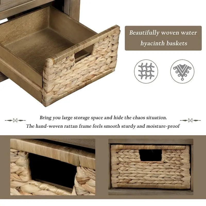 Panca rustica contenitore con 3 cassetti e 3 cesti in rattan, panca portascarpe per soggiorno, ingresso
