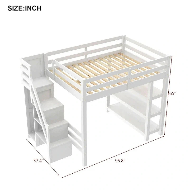 Letto a soppalco singolo/matrimoniale con scala contenitore - Ripiani, armadio e luce LED, design salvaspazio