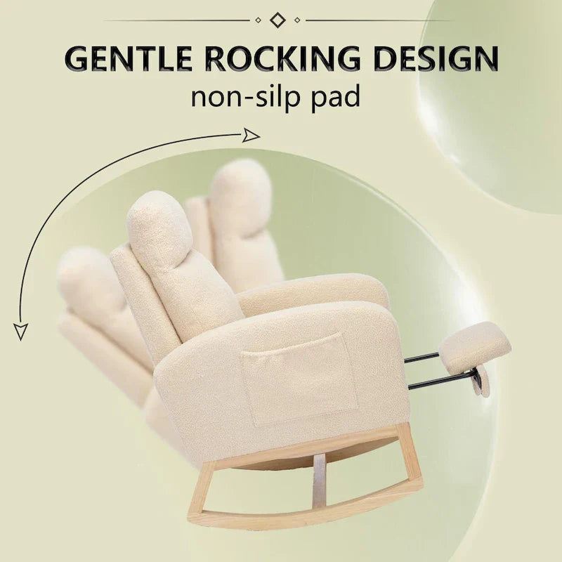 Poltrona a dondolo moderna con schienale alto da 75 cm, imbottita, con gambe in legno massello e poggiapiedi regolabile