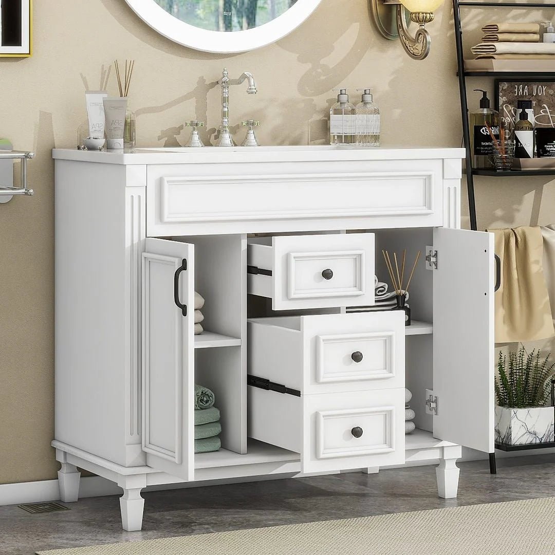 Mobile Bagno Moderno da 90cm con Lavabo Integrato e Specchiera, 2 Ante e 2 Cassetti