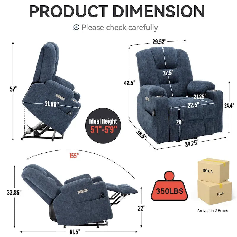 Poltrona Reclinabile Power Lift con Massaggio e Calore, Poltrone Reclinabili Larghe Imbottite Lazy Boy con USB, Porte Type C e 2 Portabicchieri in Acciaio