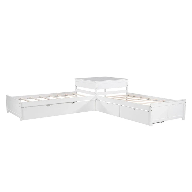 Letto a piattaforma a L moderno bianco per cameretta, dimensioni singole, con letto estraibile e cassetti