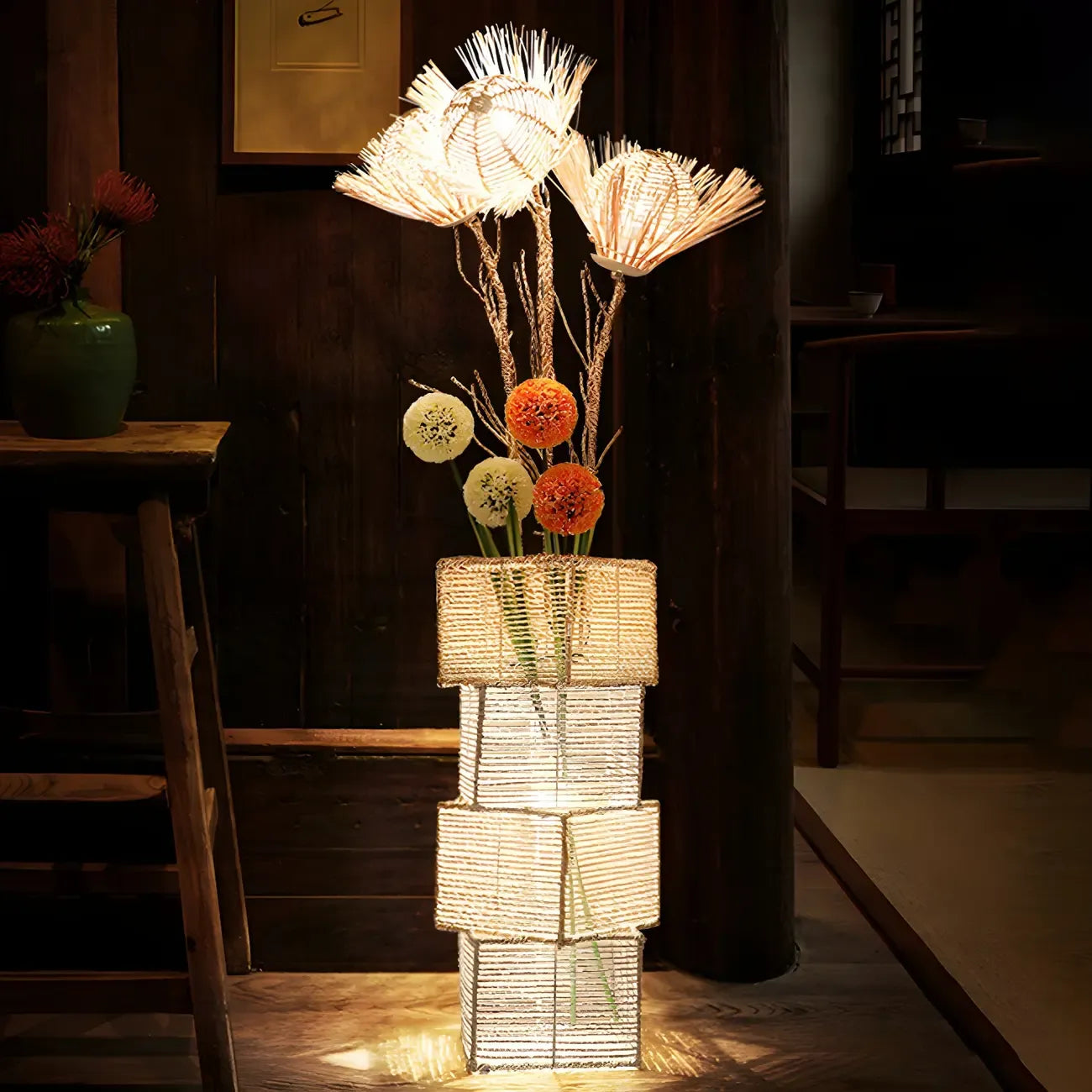 Lampada da terra in rattan LED a colonna con spina per soggiorno