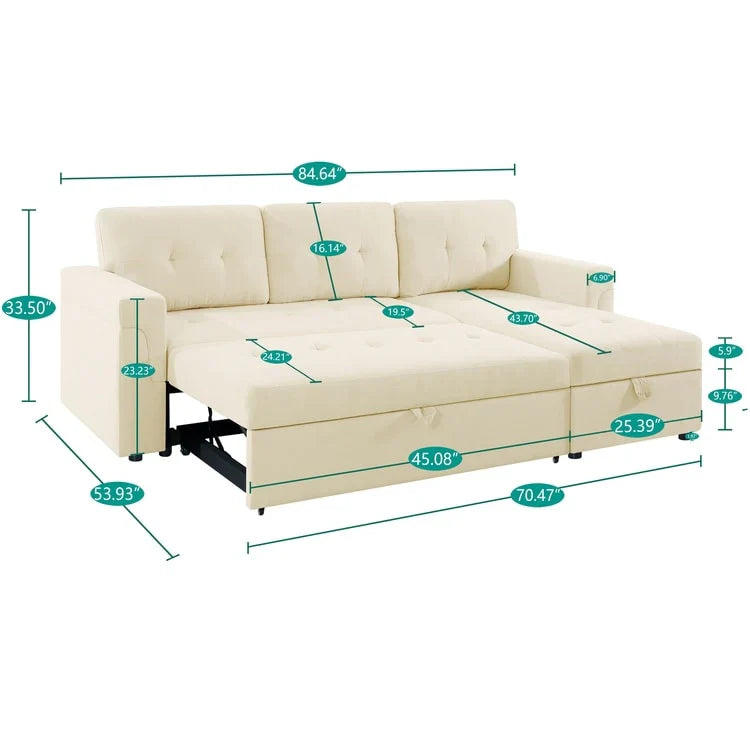 Divano componibile convertibile reversibile con letto estraibile, chaise longue con contenitore nascosto e gambe durevoli
