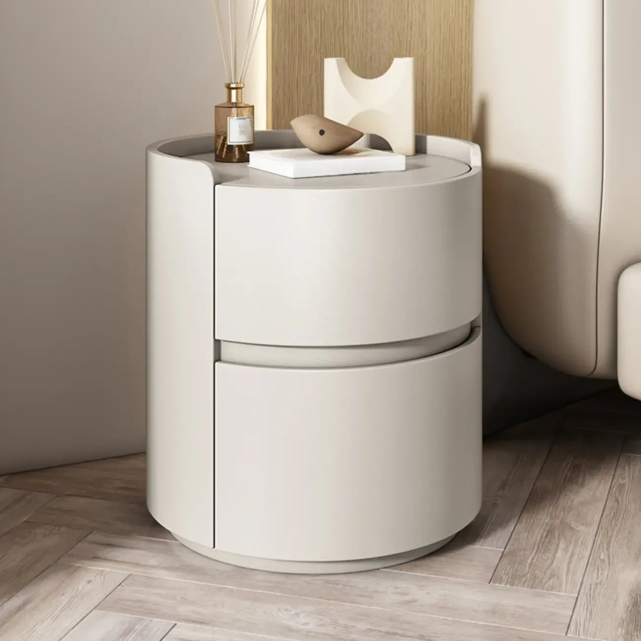 Comodino rotondo a 2 cassetti in pelle moderna