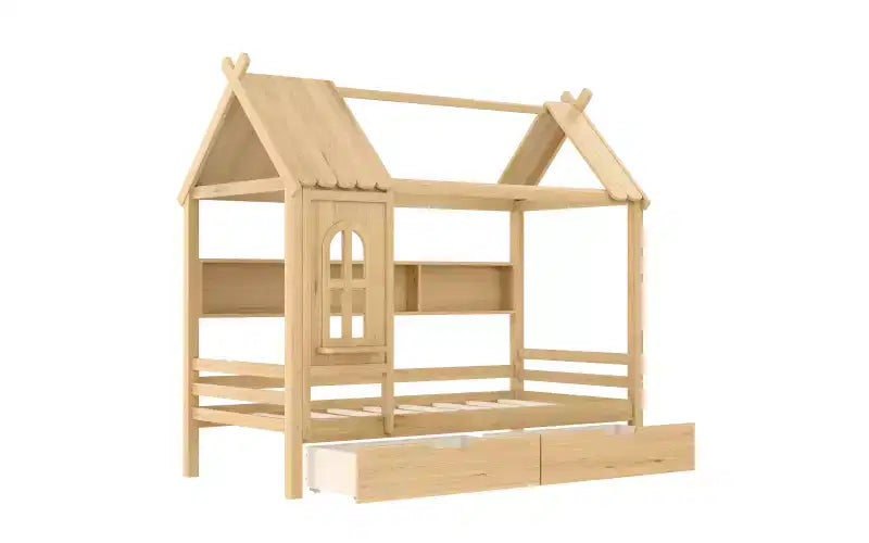 Letto a piattaforma a forma di casa con cassetti contenitori e finestra, struttura in legno massello con mensole, design giocoso per bambini, bianco chiaro