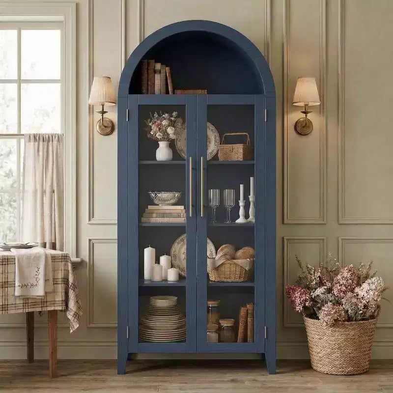 Mobile Contenitore Alto Ad Arco con Ante in Vetro, Libreria Espositiva a 5 Ripiani con Mensole Regolabili per Cucina o Soggiorno