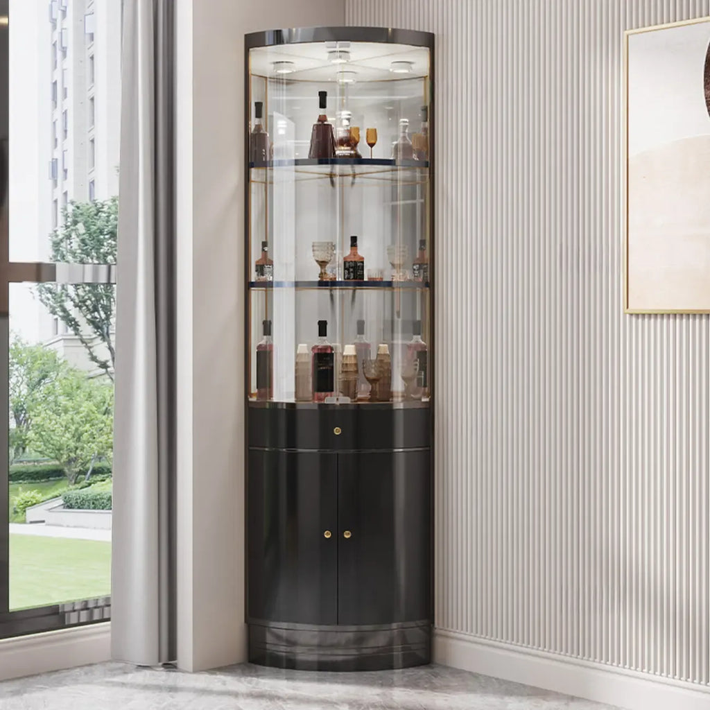 Mobile Bar Angolare con Scaffali Multipli in Vetro e Metallo per Esposizione