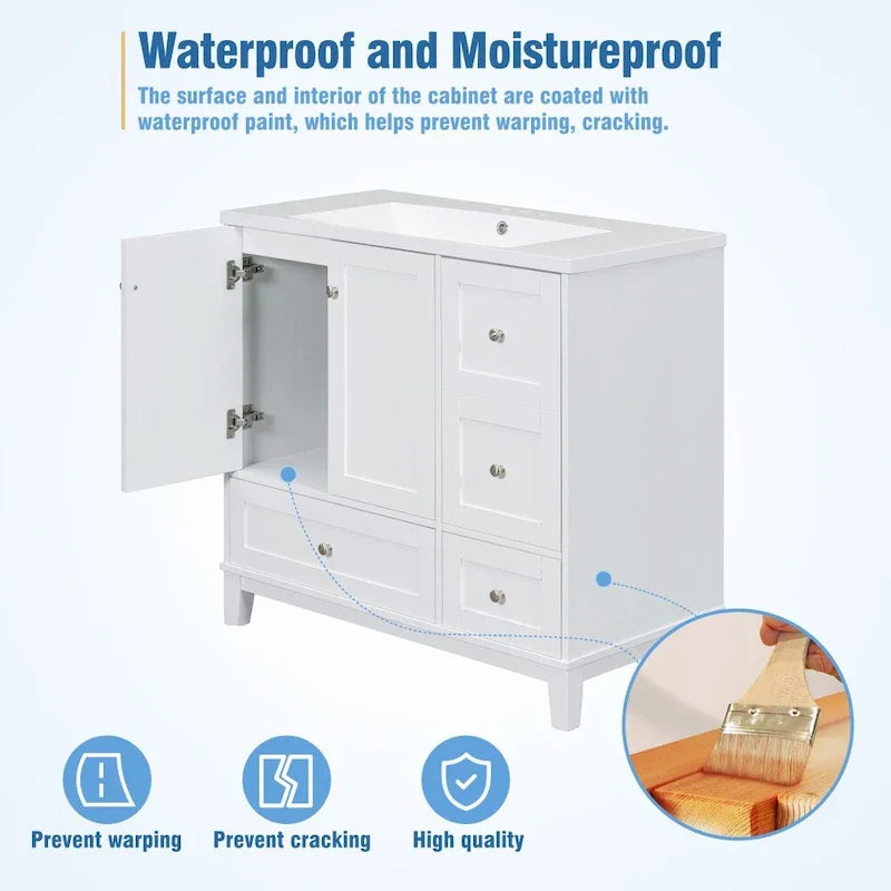 Mobile bagno da 36 pollici con ricarica USB, lavabo in resina, telaio in legno massello, 3 cassetti contenitori