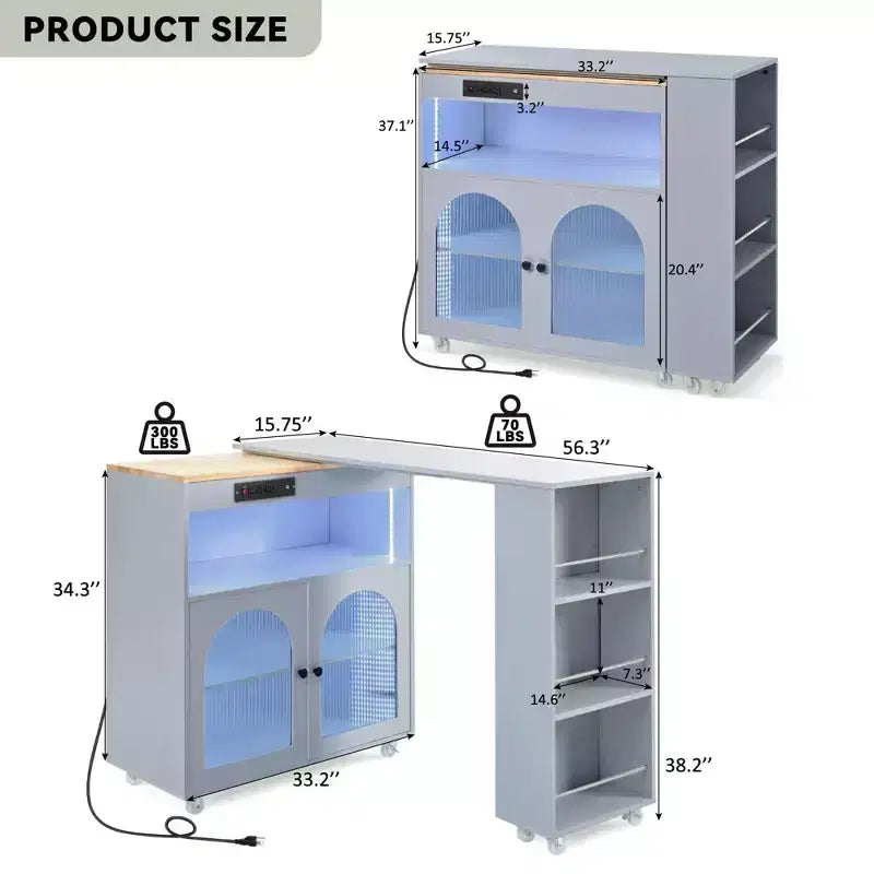 Isola da Cucina con Ruote e 2 Ante in Vetro, Carrello da Cucina con Tavolo Estensibile e Prese di Corrente, Isola da Cucina con Ripiani Laterali Aperti