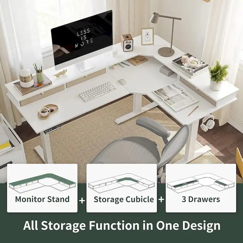 Bureau d'angle électrique debout avec 3 tiroirs et roulettes verrouillables, 160