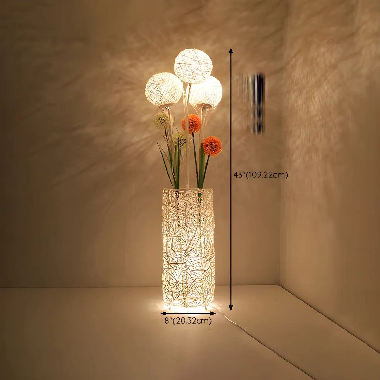 Lampada da terra in rattan LED a colonna con spina per soggiorno