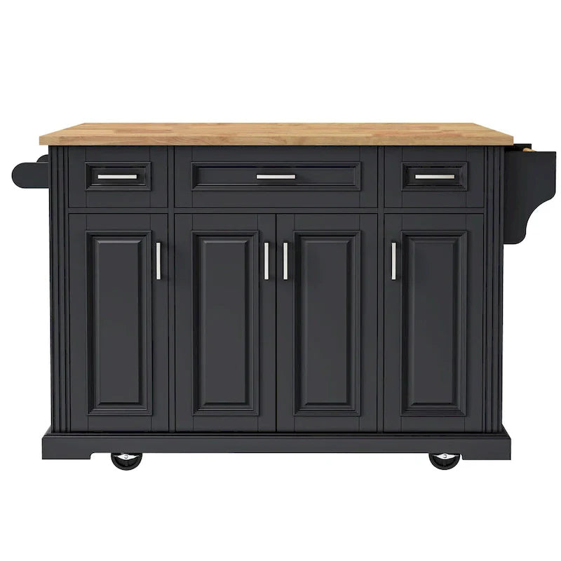 54 - Grande isola cucina con anta a ribalta in legno di gomma, carrello da cucina scorrevole con texture in rilievo su 4 ruote con 4 ante e 3 cassetti