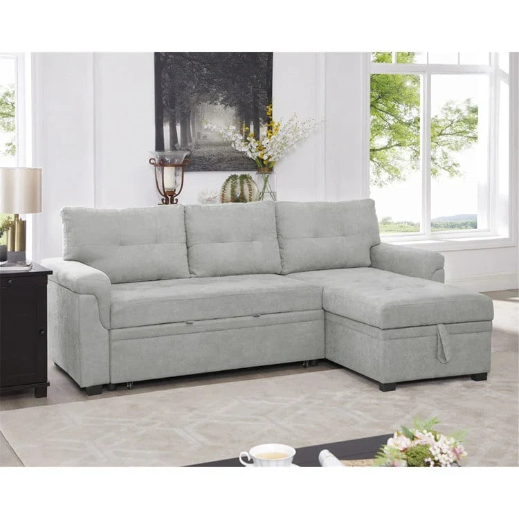 Divano componibile convertibile reversibile con letto estraibile, chaise longue con contenitore nascosto e gambe durevoli