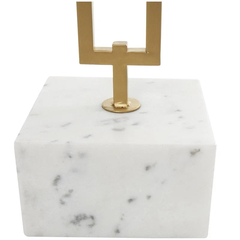 Tavolino d'appoggio/laterale geometrico in marmo con base rettangolare in metallo dorato - Bianco