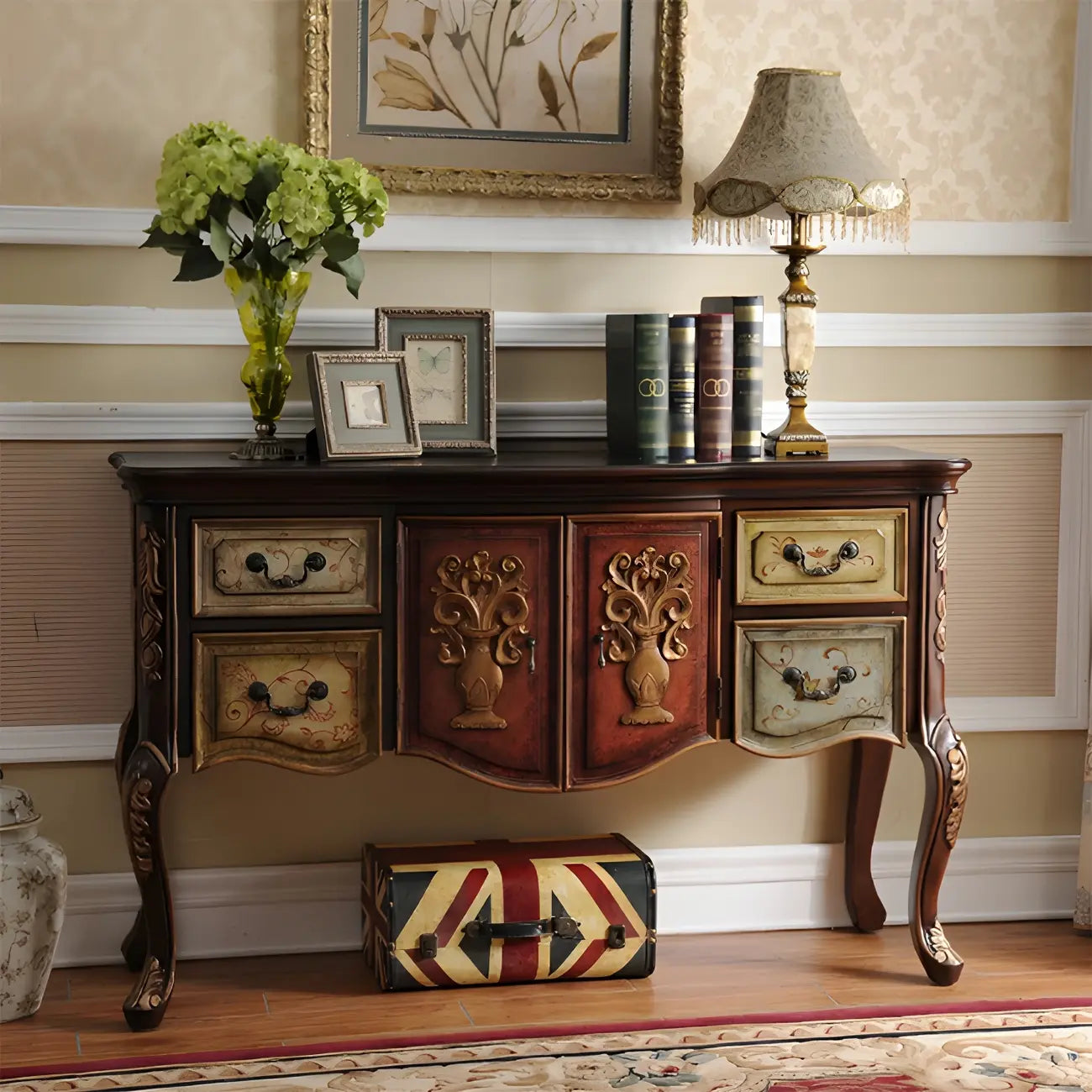 Consolle da Ingresso in Legno Stile Caffè Francese con Cassetti