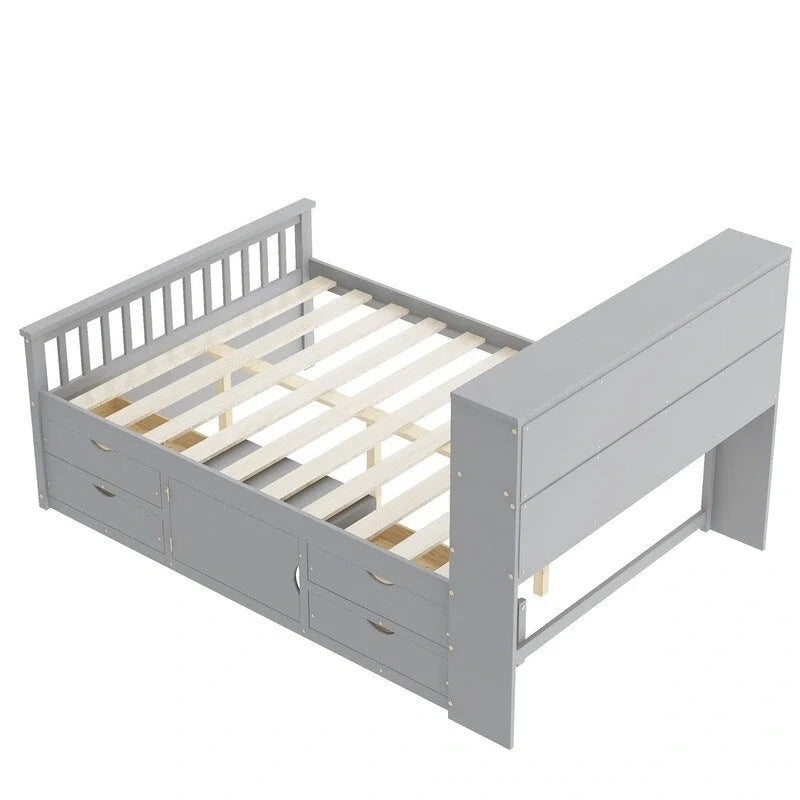 Letto a piattaforma Twin/Full Size Captain con 4 cassetti e mensole portaoggetti, struttura letto in legno massello con testiera libreria contenitore