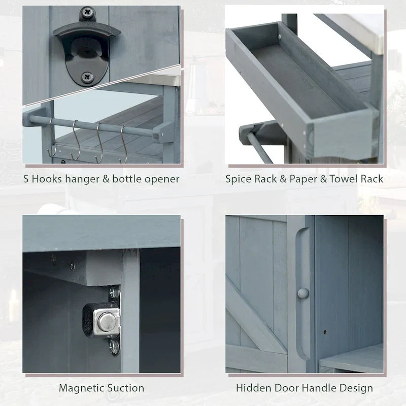 Isola Cucina da Esterno, Carrello Bar con Ruote e Mobile Contenitore, Tavolo per Barbecue in Legno Massello con Piano in Acciaio Inox, Porta Spezie, Porta Asciugamani