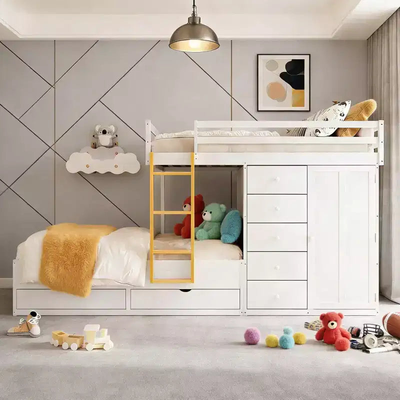 Letto a castello moderno piazza e mezza su piazza e mezza con armadio integrato e 7 cassetti contenitore