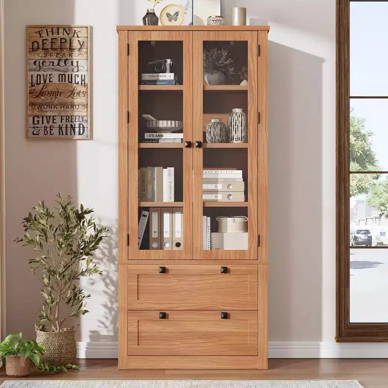 Dispensa da Cucina Coloniale con Ante in Vetro, Armadio Contenitore da 72 pollici con Cassetti e Ripiani Regolabili per Sala da Pranzo Bagno Soggiorno