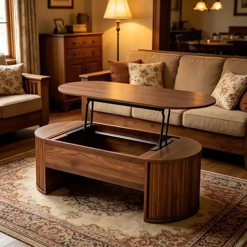 47.2 Table basse relevable avec compartiment caché, ovale, marron