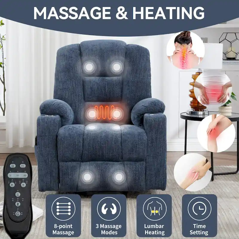 Poltrona Reclinabile Power Lift con Massaggio e Calore, Poltrone Reclinabili Larghe Imbottite Lazy Boy con USB, Porte Type C e 2 Portabicchieri in Acciaio
